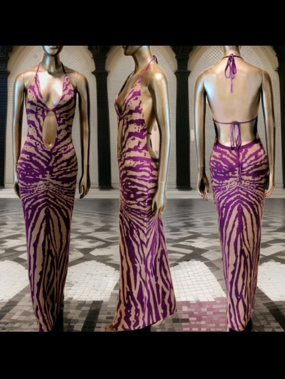 NWT Zebra Print Halter Neck Cut Out Tie Back Bodycon Knit Maxi Dress Sz M - Picture 12 of 13
